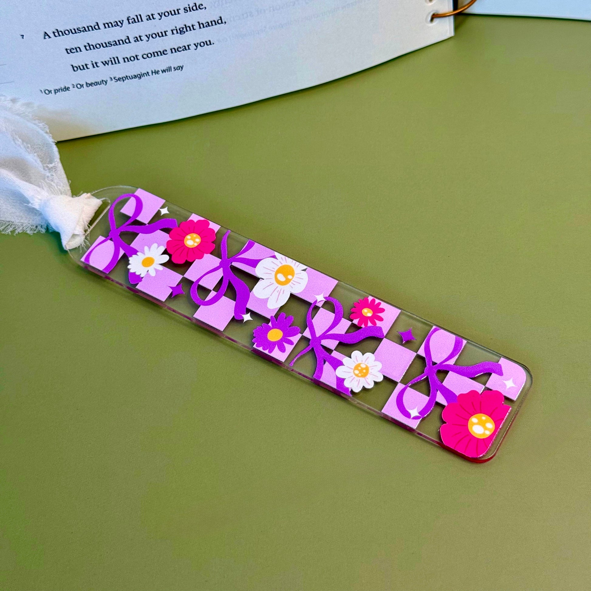 Pink and purple floral checkered coquette bookmark