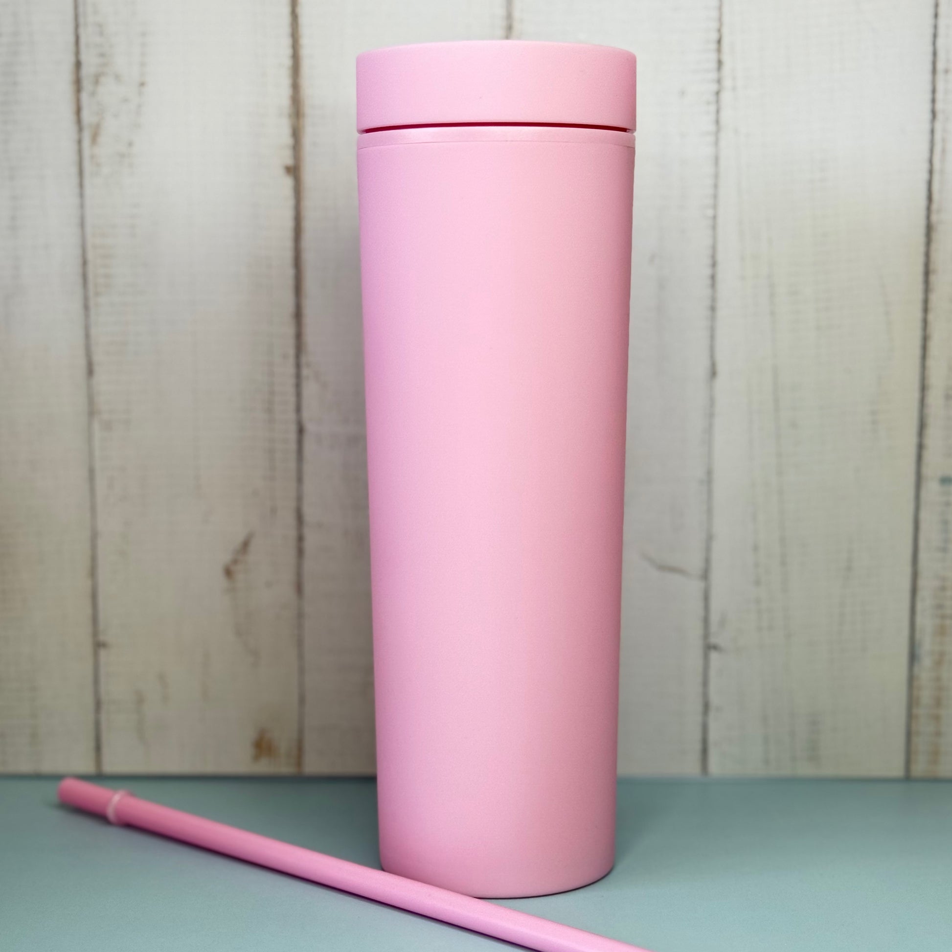 Pink 16oz insulated tumbler and straw set with vinyl customization options