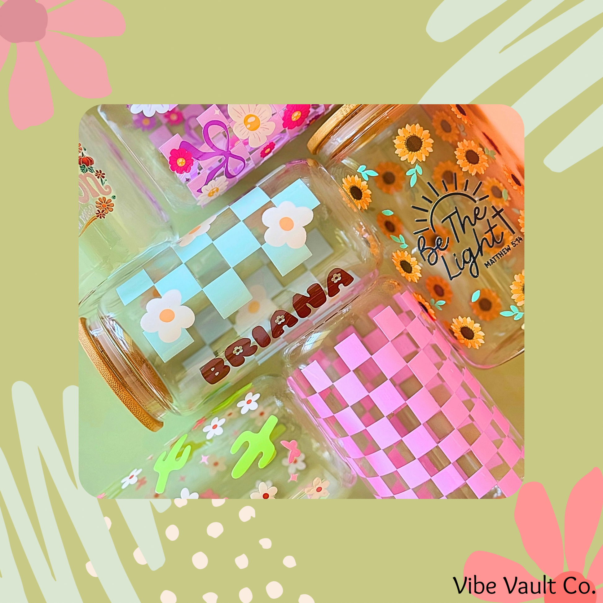 Custom Glass Libby cups, cold cups with hand applied UVDTF designs