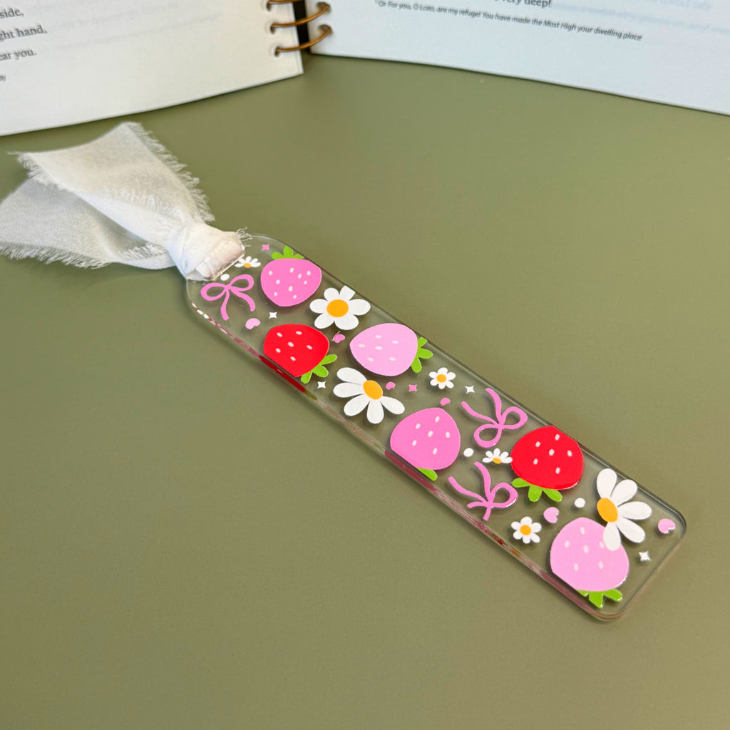 cute strawberry coquette bookmark for school