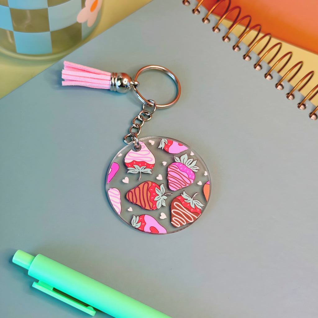 Chocolate covered strawberry keychains with tassel 