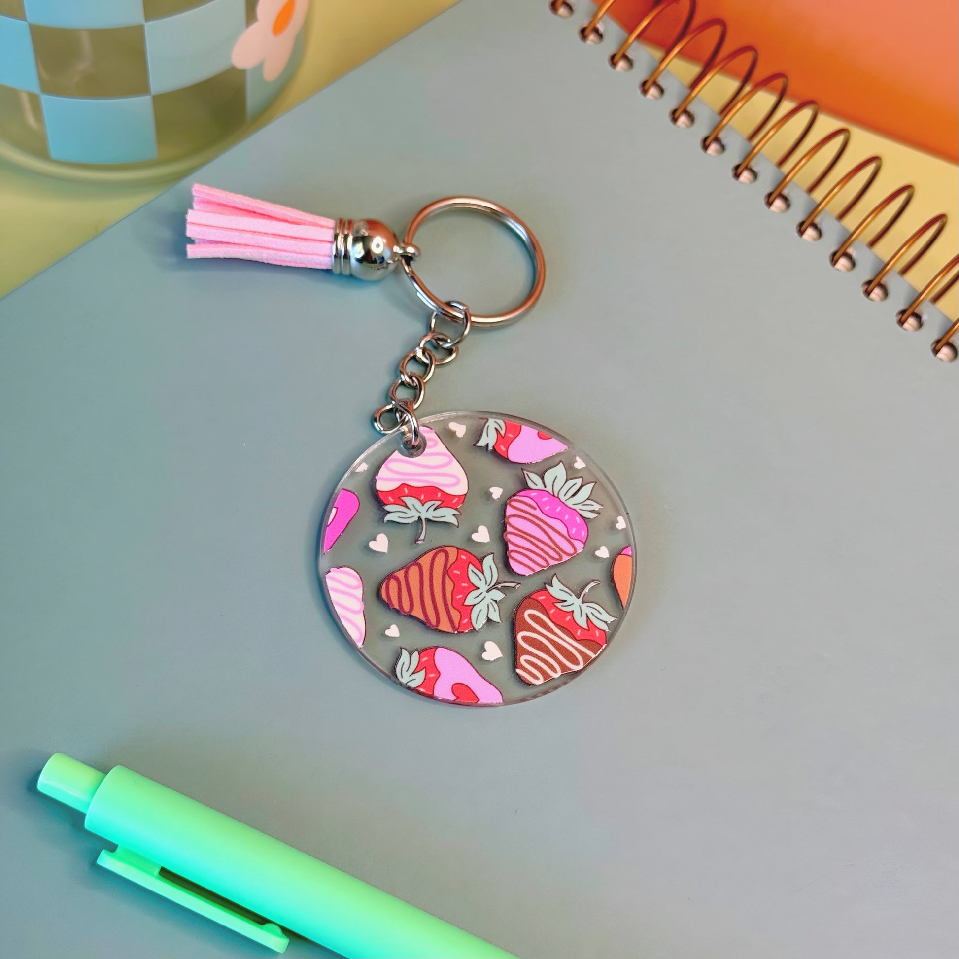 Chocolate covered strawberry keychains with tassel 