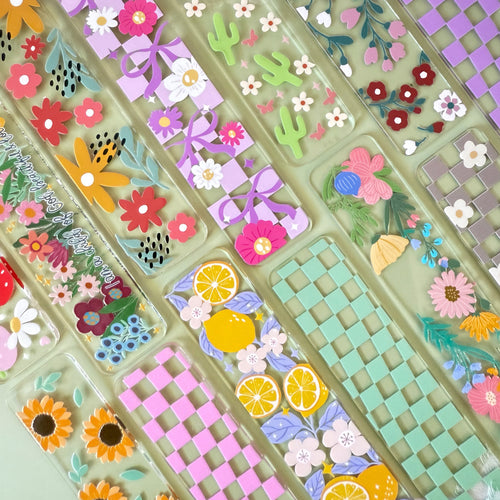 Aesthetic custom bookmark designs with UVDTF checkered, floral, and scriptures
