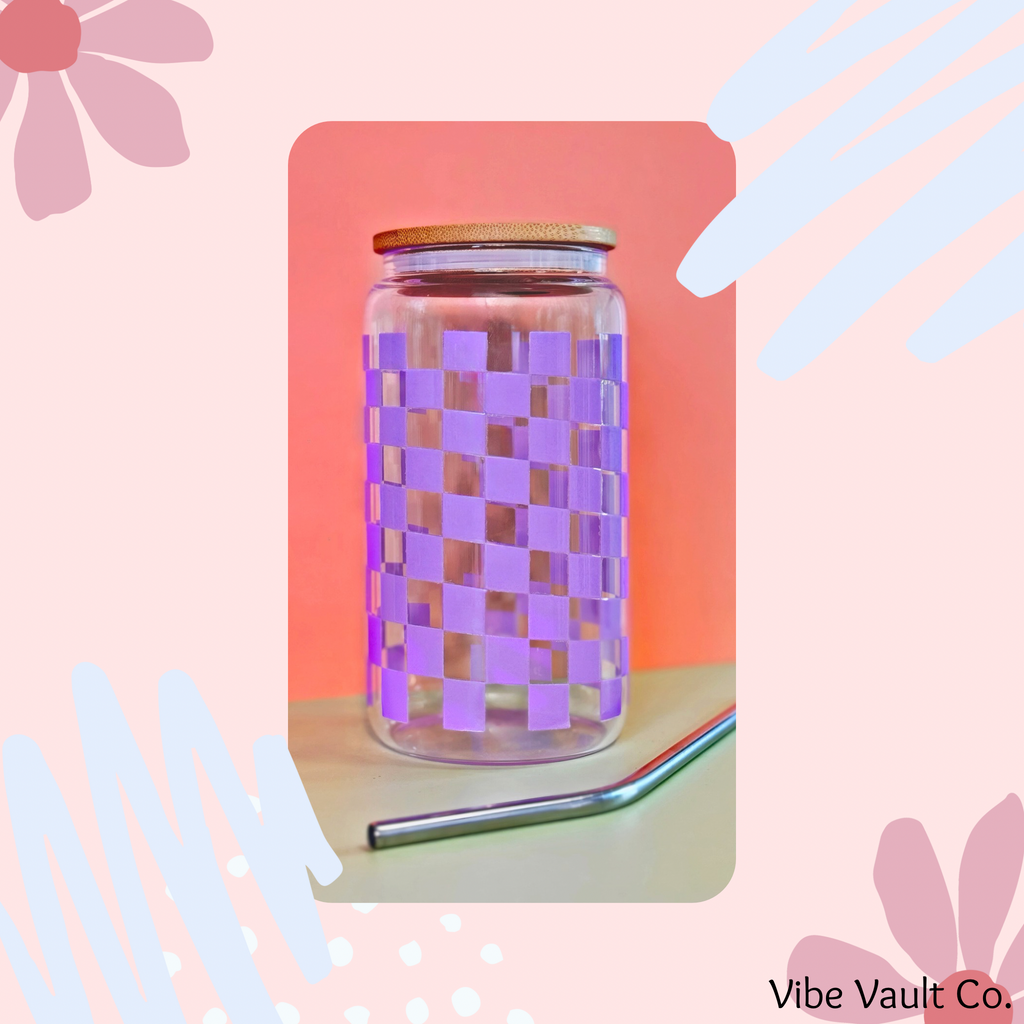 Lavender checkered cold cup for iced coffee included straw and bamboo lid
