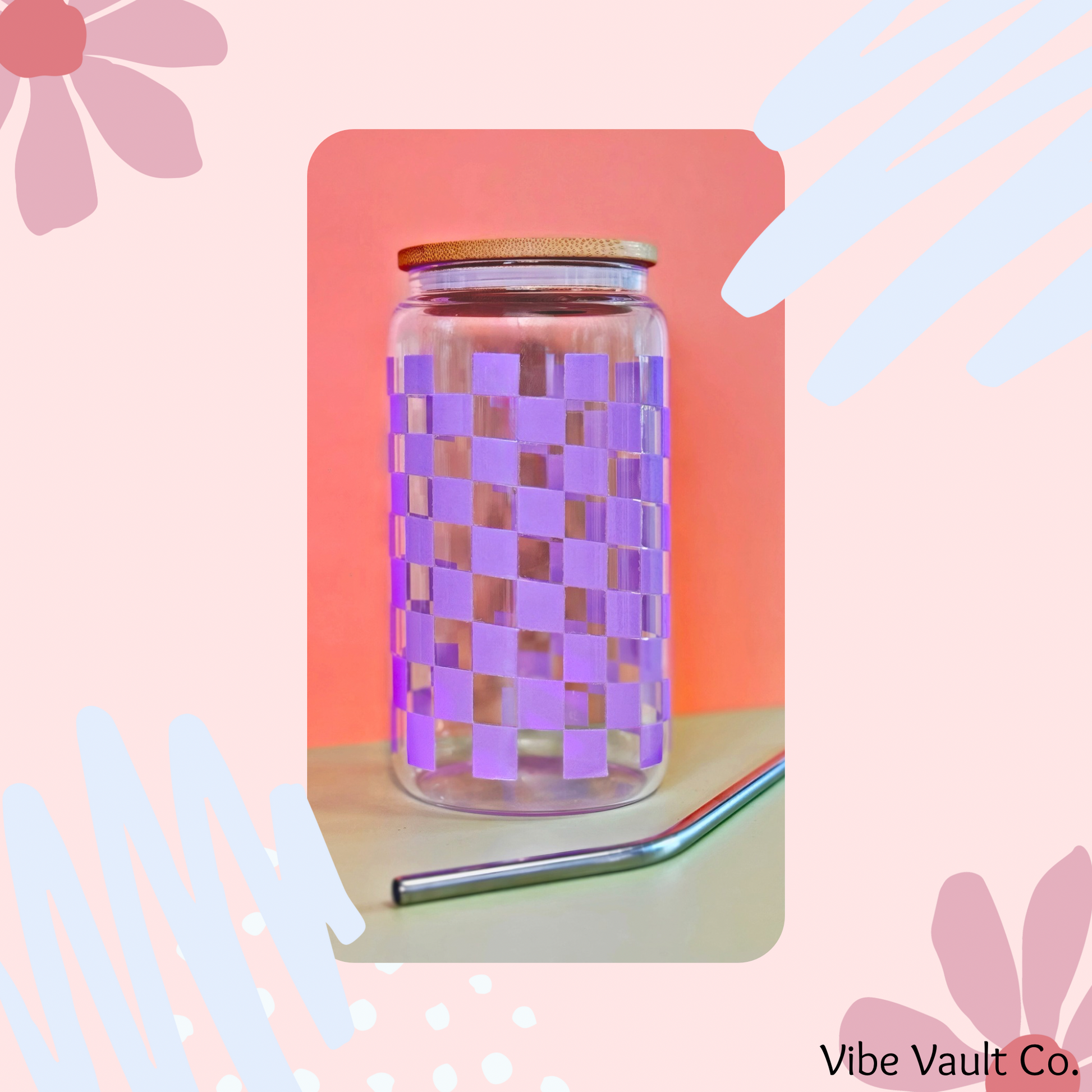 Lavender checkered cold cup for iced coffee included straw and bamboo lid