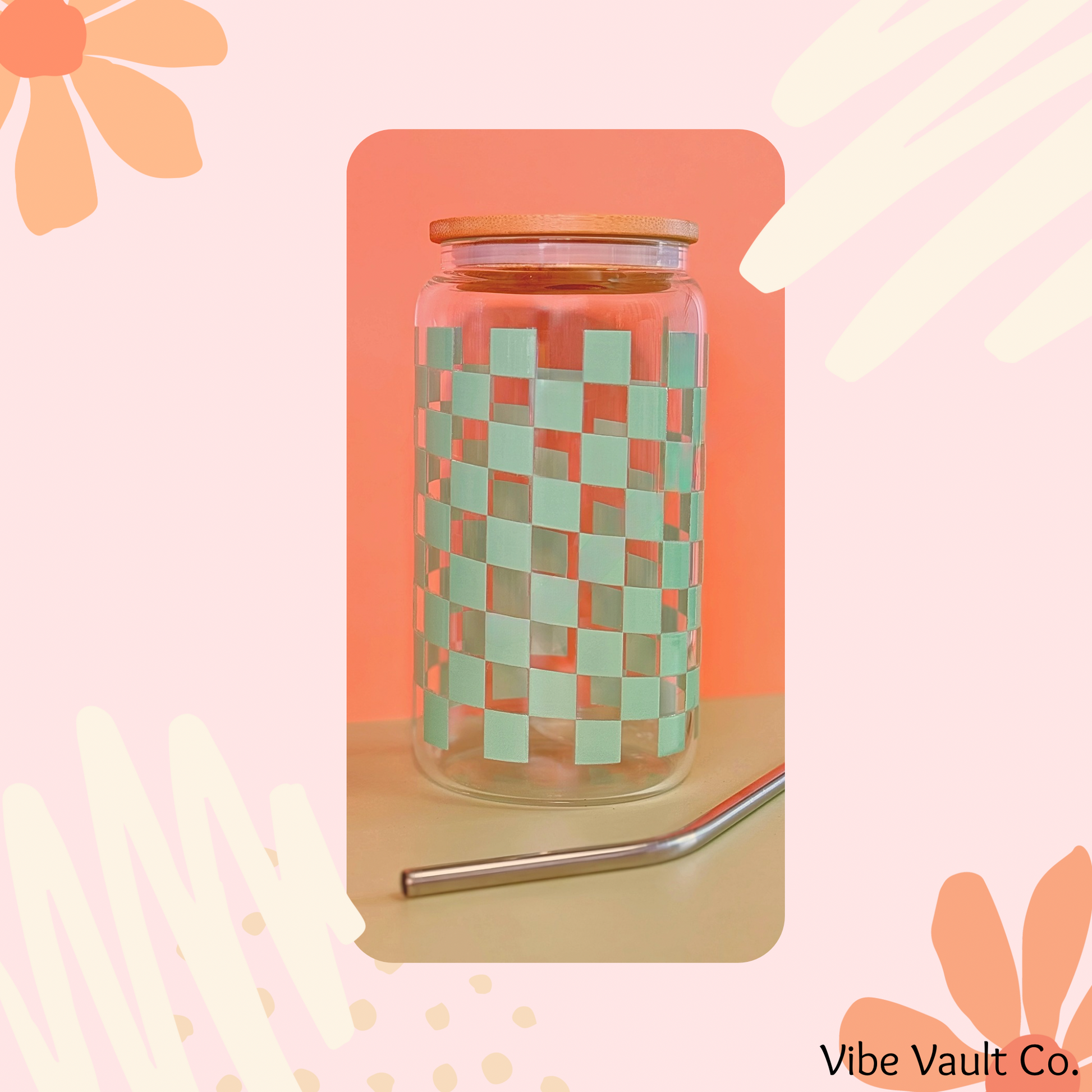 Matcha checkered cold cup for iced coffee lid and straw 