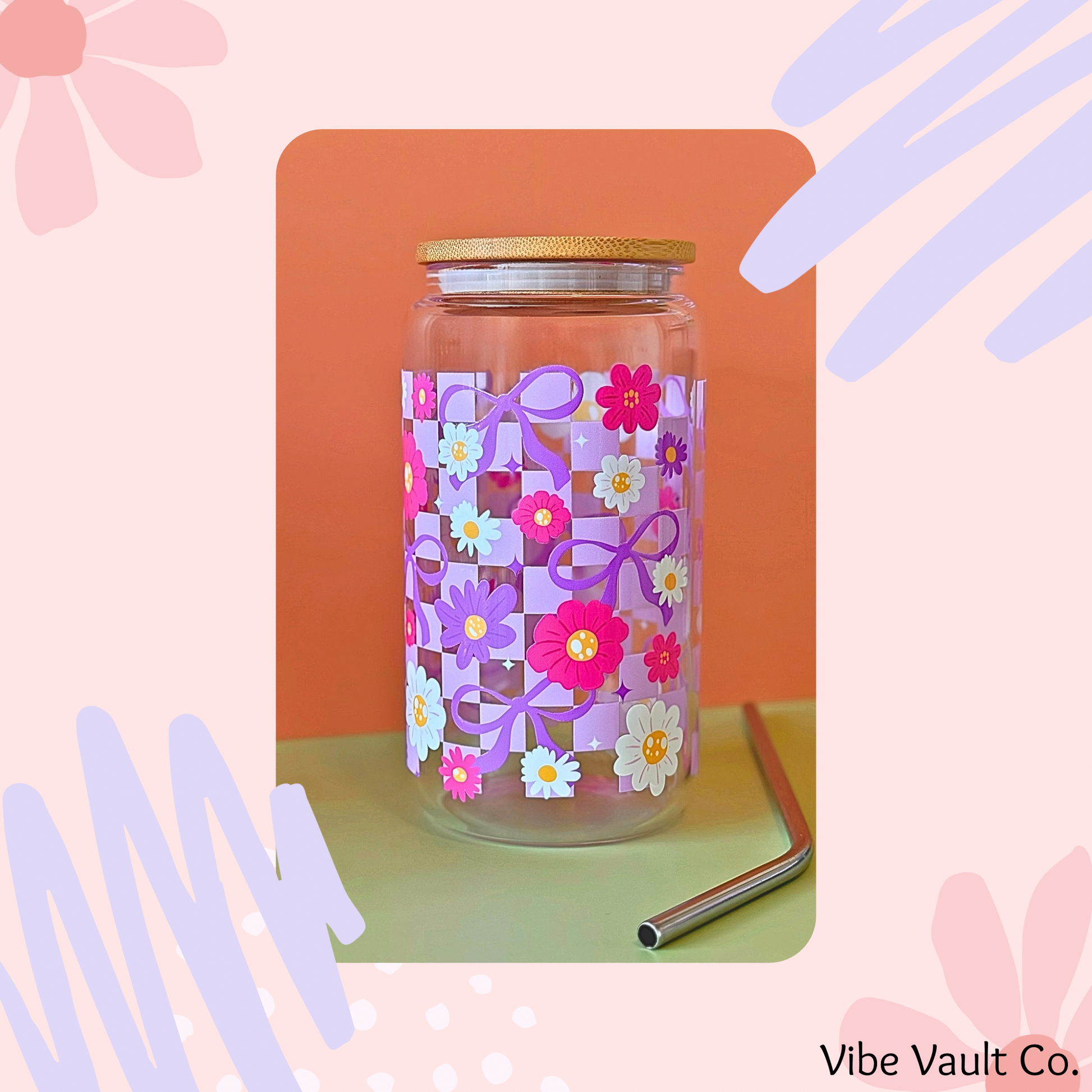 Floral checker coquette glass cold cup with straw and bamboo lid 