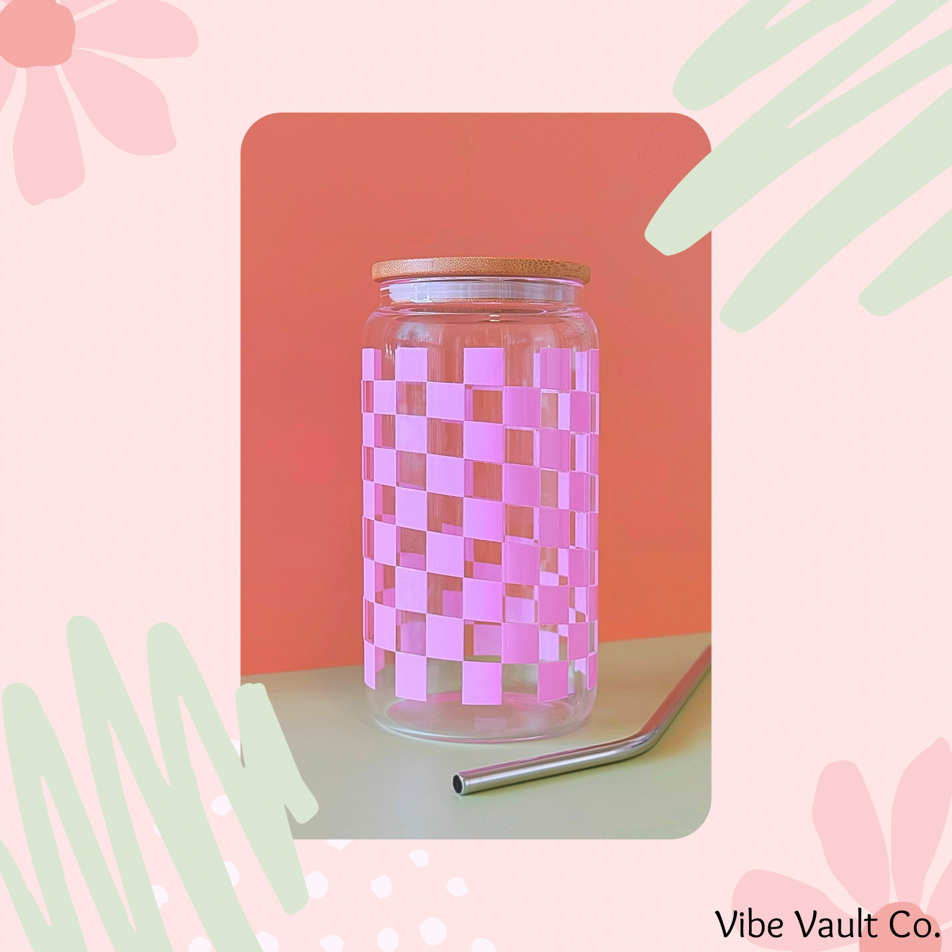 Pink checkered glass iced coffee cup with lid and straw 