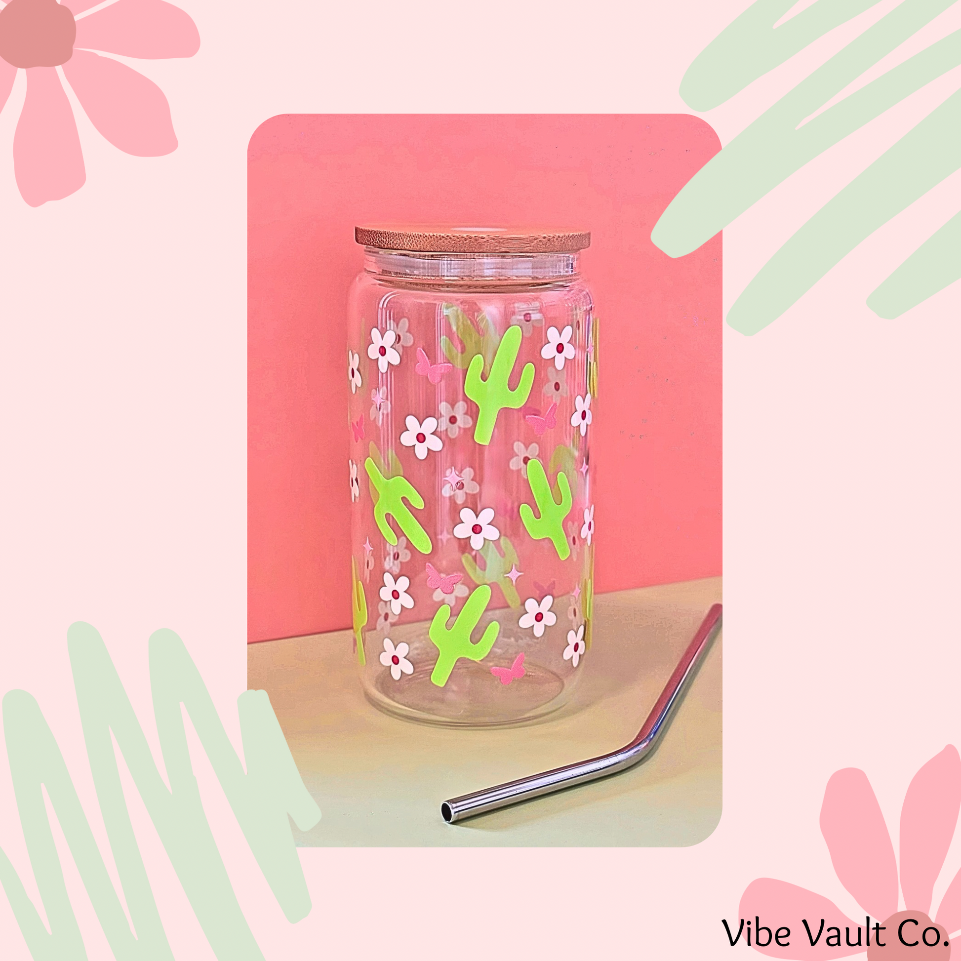 Cactus and floral glass Libby cup for iced coffee