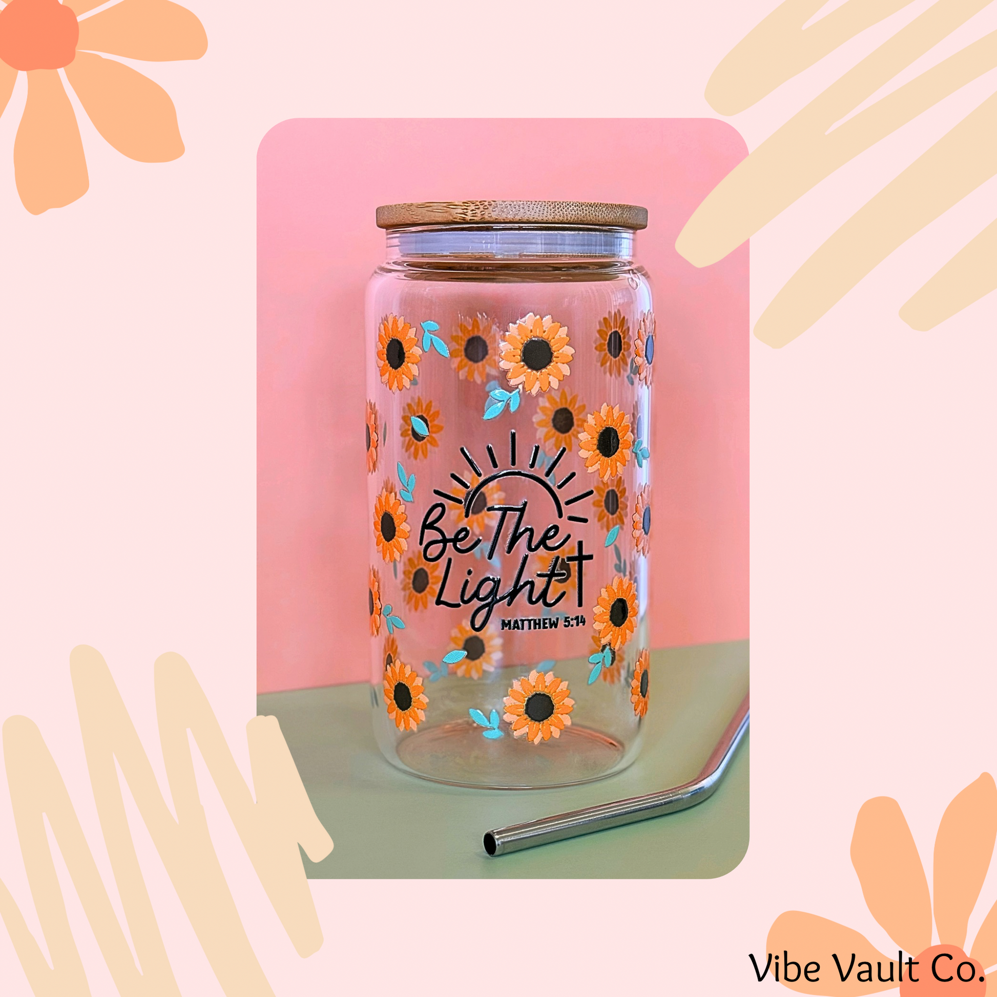 Bamboo lid cold cup with scripture and sunflowers 