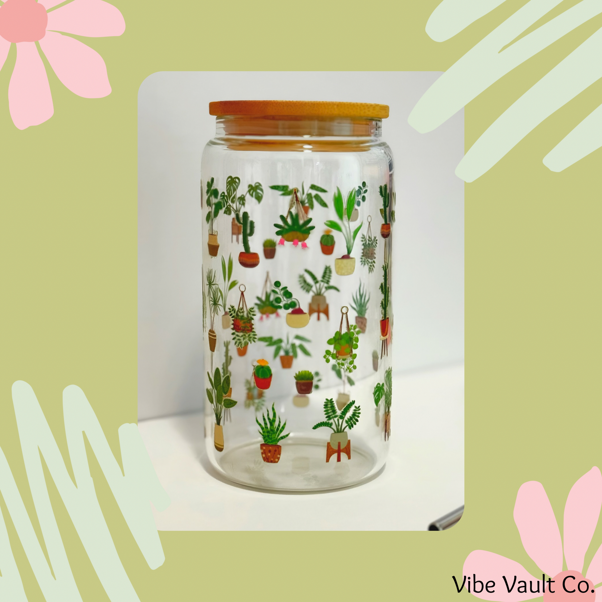 Plant lover glass 16oz iced coffee cold cup with bamboo lid and straw