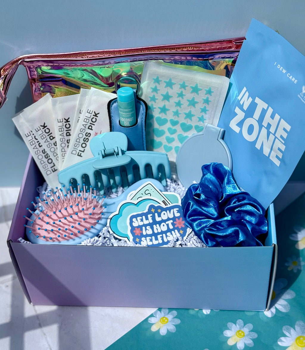 Glam on the go gift box for self-care and gifting as bridal gifts, birthdays and more includes scrunchie, clip, and lip balm