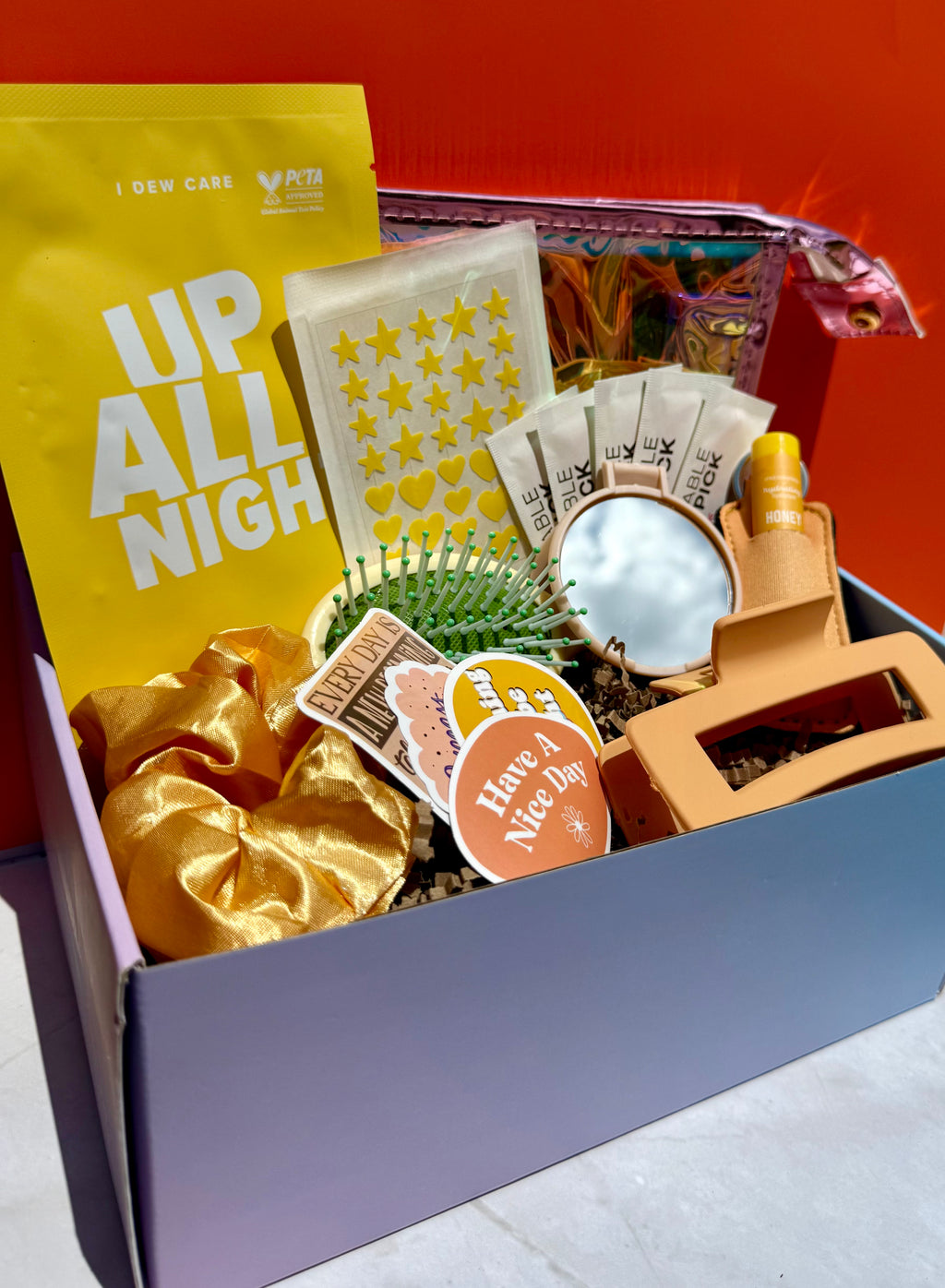 Gold curated self care gift box, cute teen theme, scrunchie, stickers, facemask