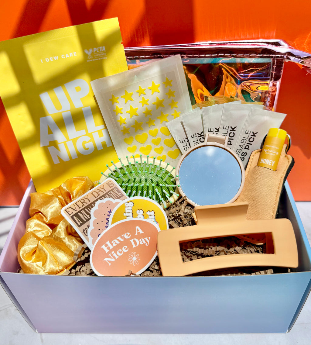Yellow curated gift box for women and teens cute self-care accessories for on the go glam