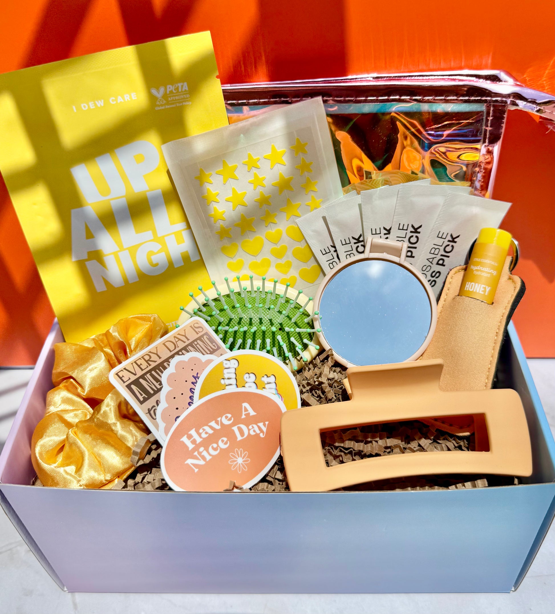 Yellow curated gift box for women and teens cute self-care accessories for on the go glam