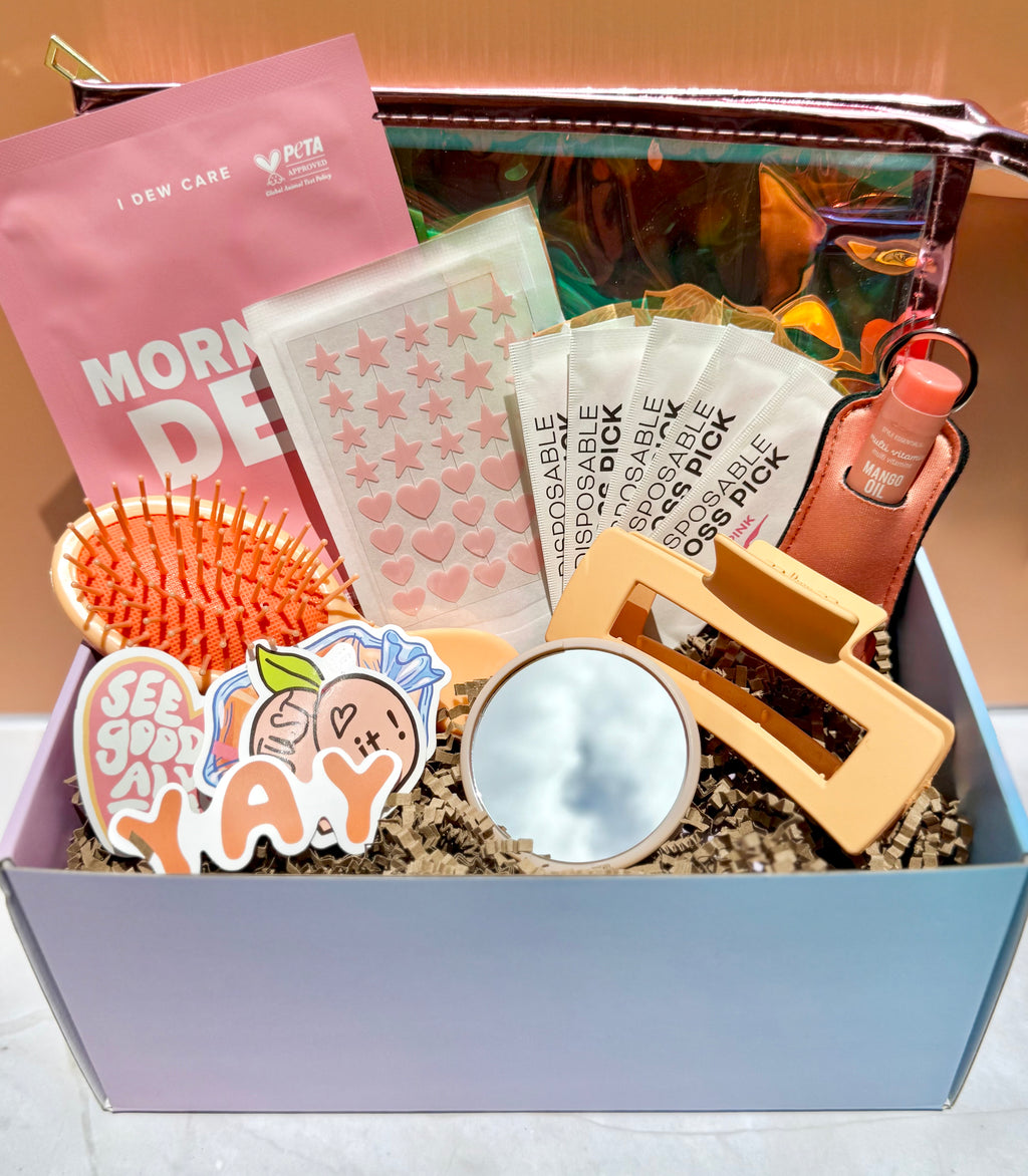 Orange and Pink beauty kit with compact mirror, face mask, pimple patches perfect for gifting your bridesmaids or friends