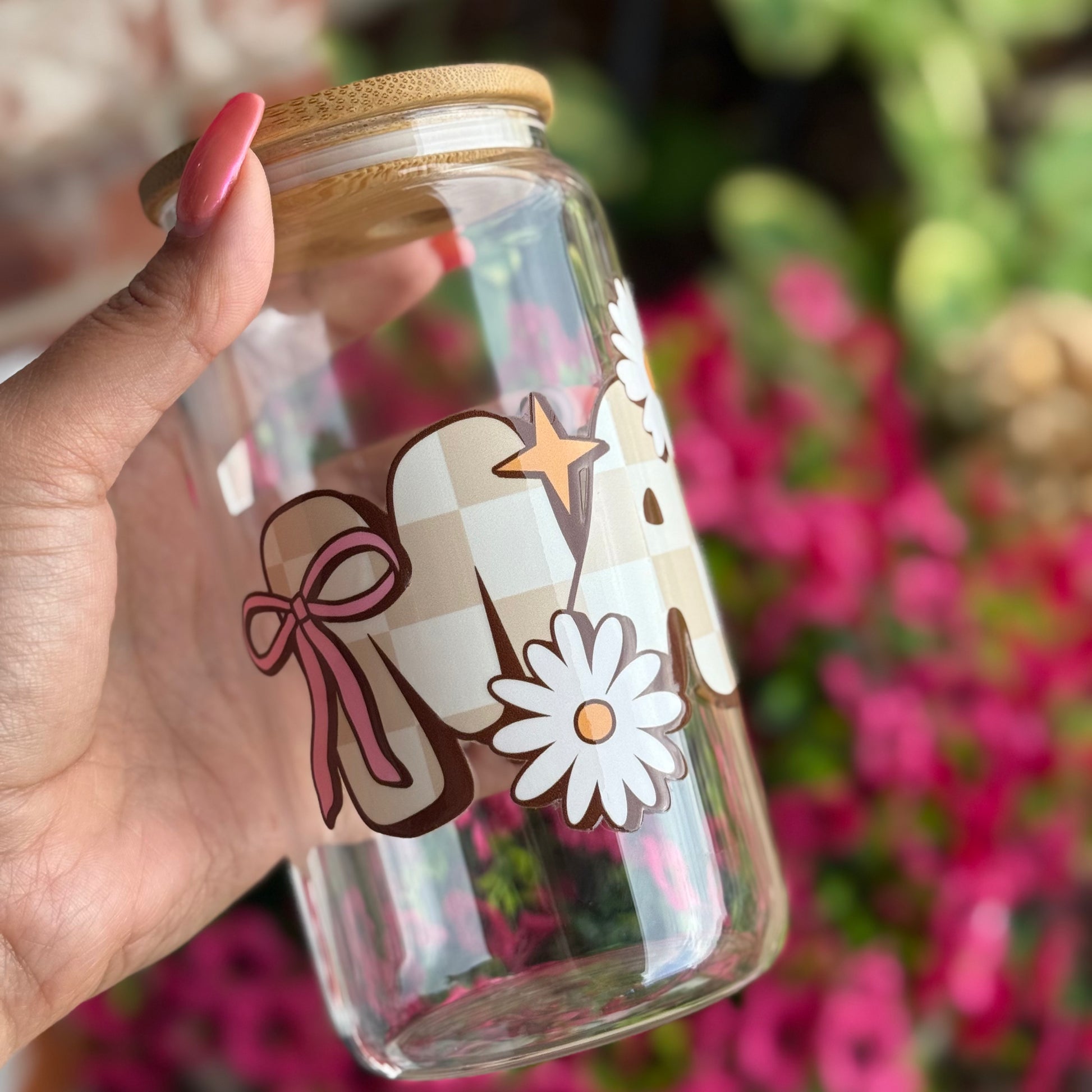 Cute mama cold cup with pink bow including lid and straw 