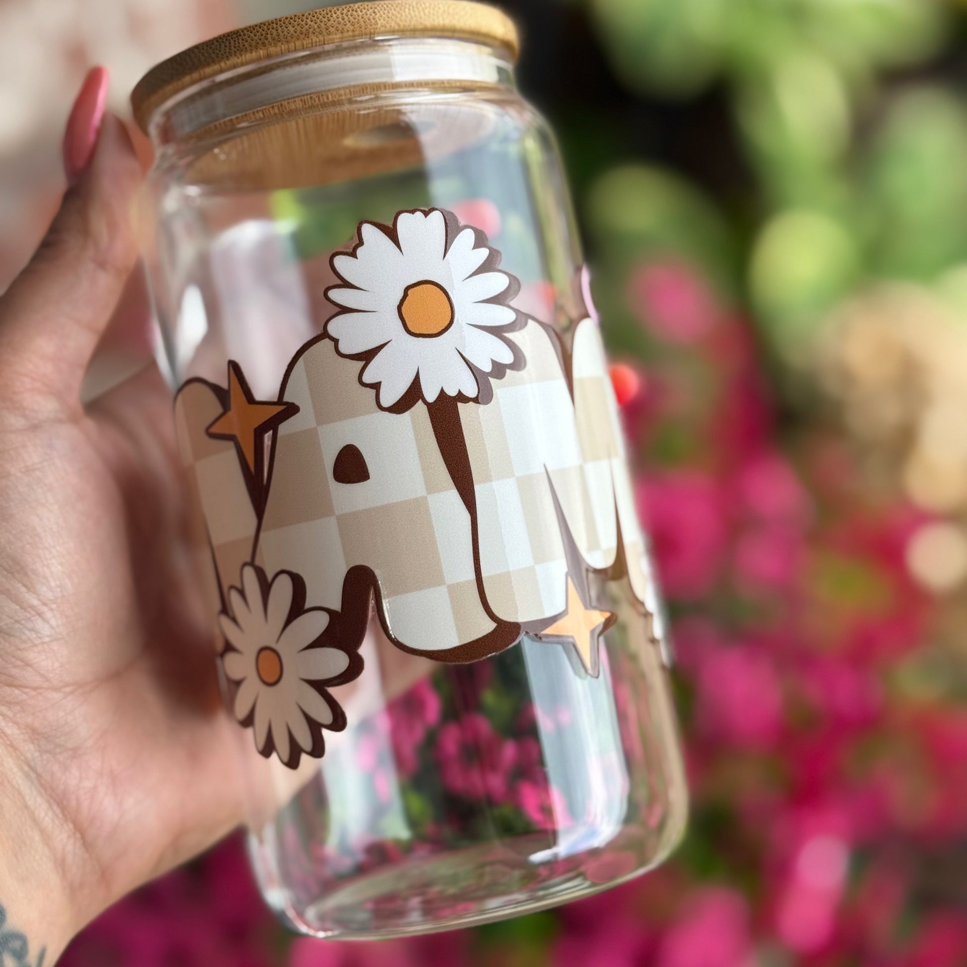 Floral Mama glass Libby cup with bamboo lid and metal straw 